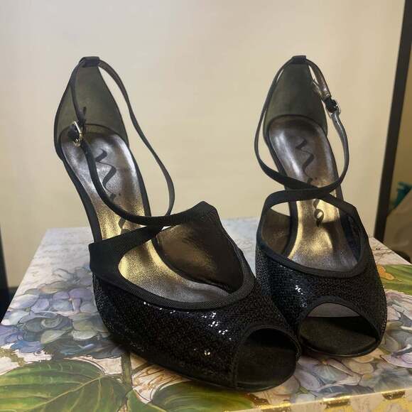 Nina Black Sequin Open Toe High Heel Shoes - Picture 4 of 4